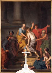 Innenansicht, der Hochaltar, Gemälde "Petrus und Johannes helfen einem Lahmen am Tempel", Jan De Landtsheer