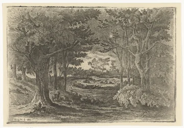 Waldlandschaft mit fünf Schafen
