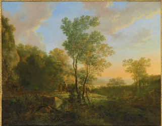 Eine italienische bewaldete Landschaft mit Reisenden