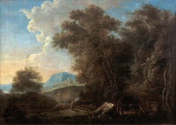 Felsige Landschaft mit Reisenden und Fußgängerbrücke