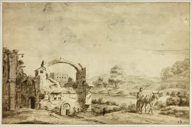 Italienische Landschaft mit Ruinen, Frau und Esel