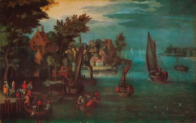 Eine belebte Flussszene mit niederländischen Schiffen und einer Fähre