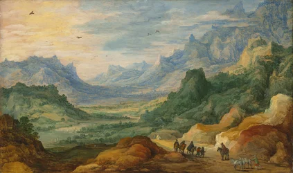 Eine bergige Landschaft mit Reisenden und Hirten auf einem Pfad