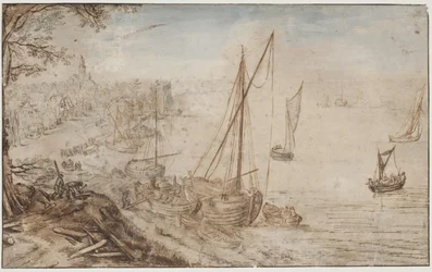 Flusslandschaft. Im Vordergrund ein beladenes Boot und Männer, die Planken zuschneiden