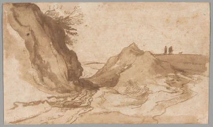 Eine hügelige Landschaft mit Figuren in der Nähe einer Schlucht