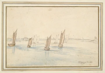 Boote segeln auf einem Fluss, ein Landhaus in der Ferne