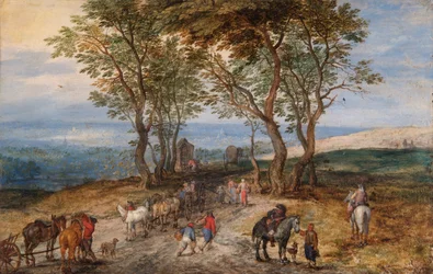 Ländliche Straßenszene mit Figuren: ein Mann betet an einem Schrein, um 1610
