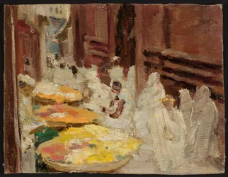 Benares. Blumenmarkt für die heilige Kuh. Von der Reise nach Indien