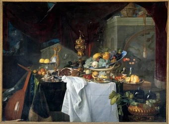 Stillleben mit einem Desserttisch, der mit Schalen und einem Musikinstrument bedeckt ist, 1640. Jan David Heem (1606-1684). Maße: 1,49 x 2,03 m