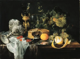 Prunkstillleben mit Früchten, Pastete und Trinkgeschirr, 1651