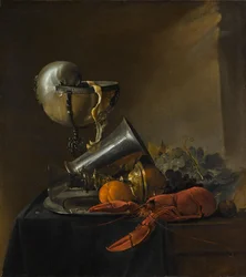 Stillleben mit Hummer und Nautilus-Pokal