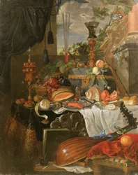 Stillleben mit Speisen und Musikinstrumenten