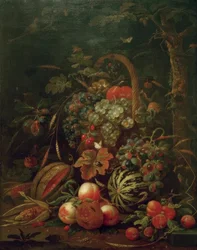 Stilleben mit Fruchtkorb, Kürbis, Melone und Pfirsiche an einer Eiche