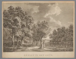 Landschaft mit einem Paar, das entlang des Ufers des Gein spaziert