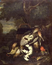 Totes Moorhuhn, Specht, Ente und andere tote Vögel in einer bewaldeten Landschaft
