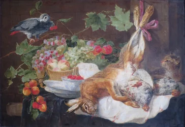 Hase, Obst und Papagei