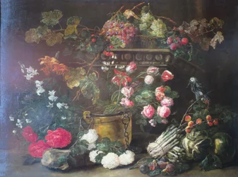 Stillleben mit Blumen, Früchten und einem Papagei