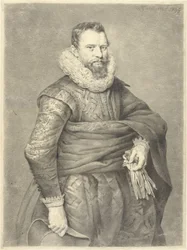 Porträt eines Mannes mit Handschuhen und Hut in der Hand, nach rechts