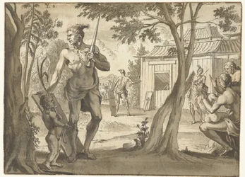 Menschen bei einem Holzgebäude