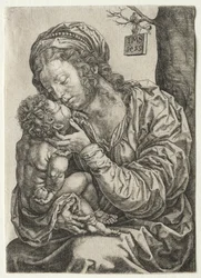 Die Jungfrau am Fuße eines Baumes sitzend