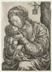 Die Jungfrau sitzt am Fuße eines Baumes, 1522