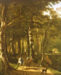 Reisende auf einem Pfad in einer bewaldeten Landschaft