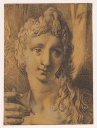 Kopf eines jungen Mannes oder einer jungen Frau, die einen Stichel (?) in der Hand hält