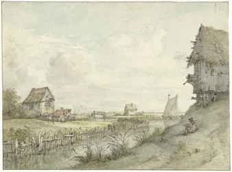 Flusslandschaft mit zeichnendem Künstler zwischen Hütten