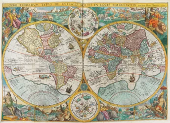 Itinerarium. Weltkarte mit Kostümen, Einheimischen, Schiffen, Pflanzen und Tieren