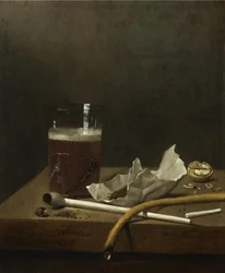 Stillleben mit einem Glas Bier, einer Pfeife, Tabak und anderen Rauchutensilien, 1658