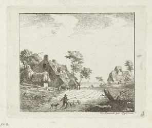 Landschaft mit Hirte und Schafen bei zwei Bauernhöfen