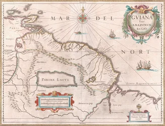 Eine Karte, die um 1649 die Region Guayana darstellt. Von Spanien beanspruchtes Gebiet im Westen in Rot, Niederländisch-Guayana in Gelb hervorgehoben und portugiesisches Gebiet im Südosten in Rot. Der mythische See Parime ist ebenfalls sichtbar