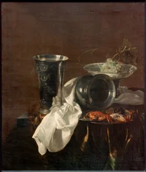 Bankettstilleben mit einem Silberbecher, umgestürztem Krug