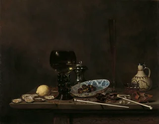 Stillleben mit Römer, Flötenbecher, Steingutkrug und Pfeifen