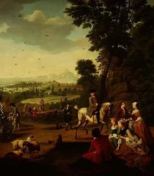 Eine elegante Falkenjagdgesellschaft ruht in einem Park