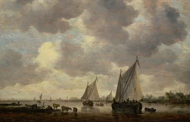 Ein Kanal in Holland oder zwei große Segelschiffe und Vieh in der Nähe eines Flusses