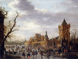 Ansicht von Kasteel Batestein Vianen im Winter mit einem Gentleman, seiner Frau und Gefolge, die Wintersport auf dem Eis beobachten