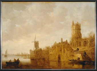 Flusslandschaft mit Mühle und Schlossruine