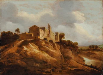 Felsige Landschaft mit befestigter Burg über einem Fluss