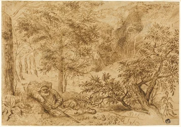 Landschaft mit schlafendem Schäfer unter einem Baum