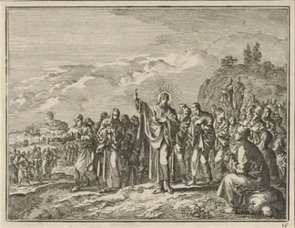 Christus predigt vor einer Menschenmenge im Freien