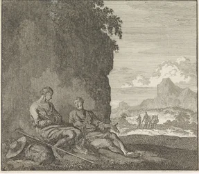 Emblem: Schatten - Zwei Reisende ruhen im Schatten eines Felsens