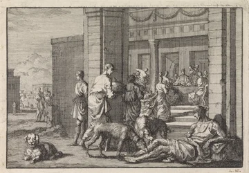 Lazarus bettelt am Festmahl des reichen Mannes