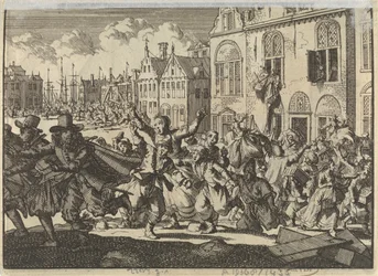 Aufruhr in Enkhuizen, bei dem die Häuser der Vizeadmirale Kwast und Turk zerstört werden, 1635