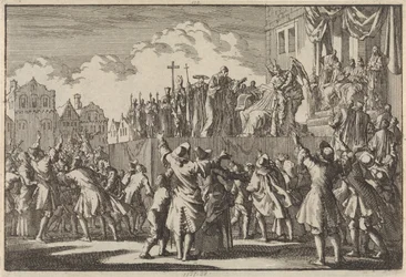 Straßenszene in Aberdeen, in der die katholische Religion verspottet wird, 1689