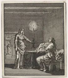 Frau beleuchtet eine lesende Frau in einem dunklen Raum mit einer Kerze