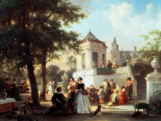 Die Gartenparty 1854. Gemälde von Jan Michiel Ruyten (1813-1881 Belgier) Privatsammlung