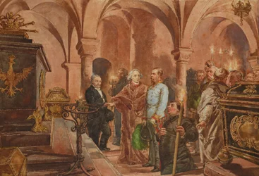 Der Kaiser vor dem Sarkophag von König Jan III Sobieski in der Krypta von St. Leonard in der Kathedrale auf dem Wawel