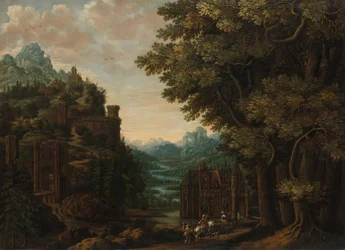 Gebirgslandschaft mit Flusstal und Burgen