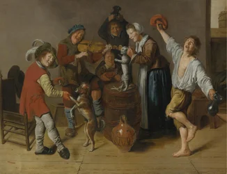 Fröhliche Gesellschaft, die Musik spielt und in einem Innenraum tanzt